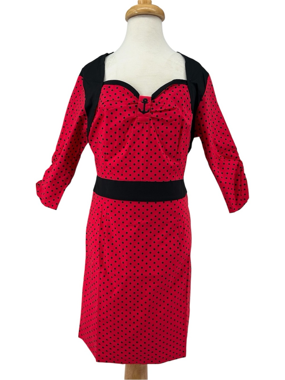 NWT Sourpuss Red and Black Polka Dot Sweetheart Neck Anchor Embroidered Dress S